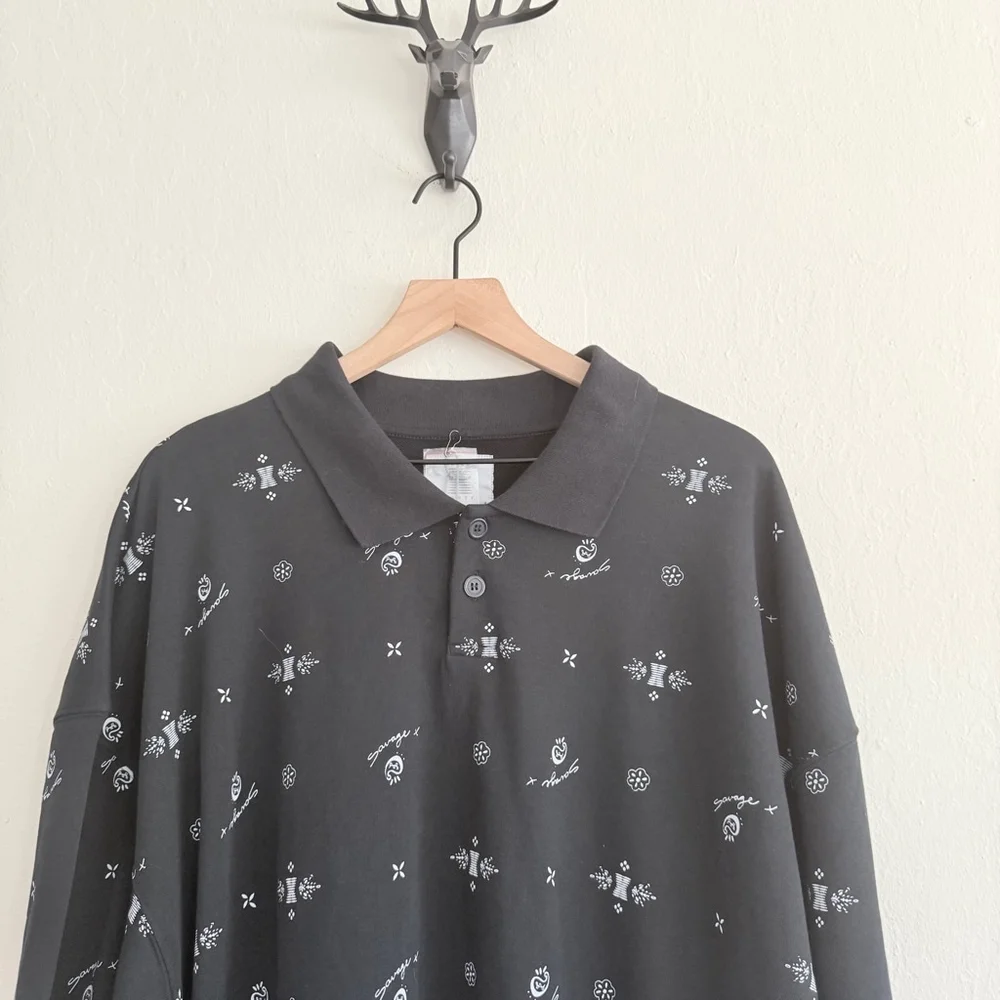 Savage X Fenty Men's Black Long Sleeve Polo Shirt XL NWT